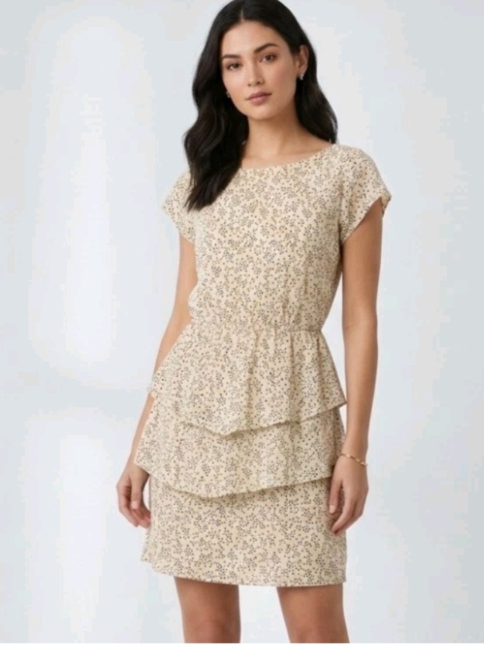 Cream Floral Tiered Midi Dress with Elastic Waist